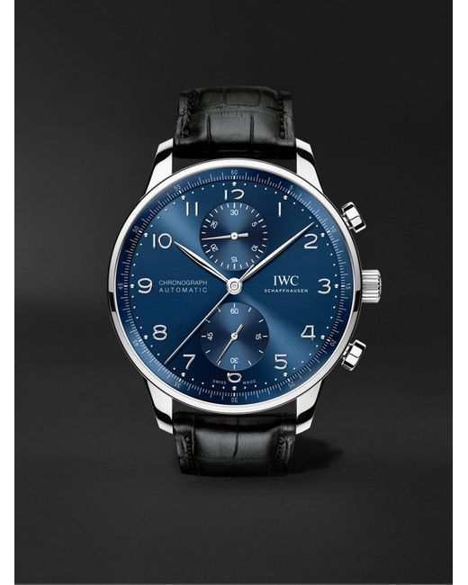 Iwc Black Portugieser Automatic Chronograph 41Mm Stainless Steel And Alligator Watch, Ref. No. Iw371606 for men
