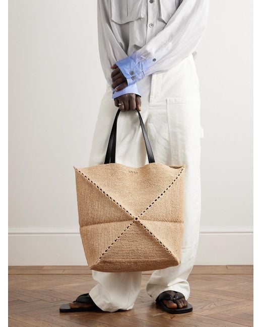 Tote bag grande in rafia con finiture in pelle Puzzle Fold di Loewe in Natural da Uomo