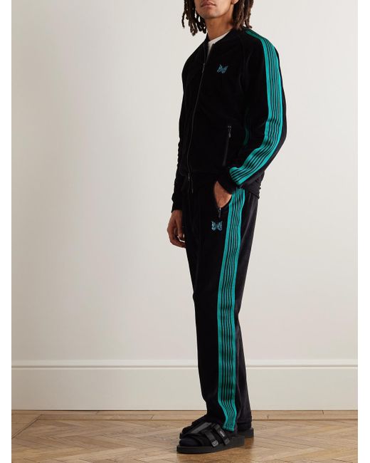 Pantaloni sportivi in velour di misto cotone con logo ricamato e finiture in fettuccia di Needles in Black da Uomo