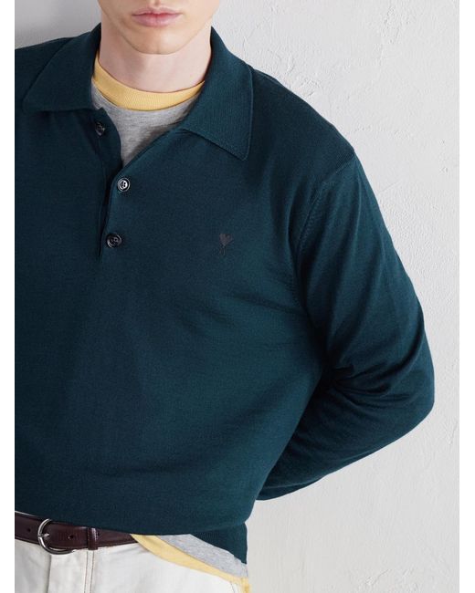 AMI Blue Merino Wool Polo Shirt for men