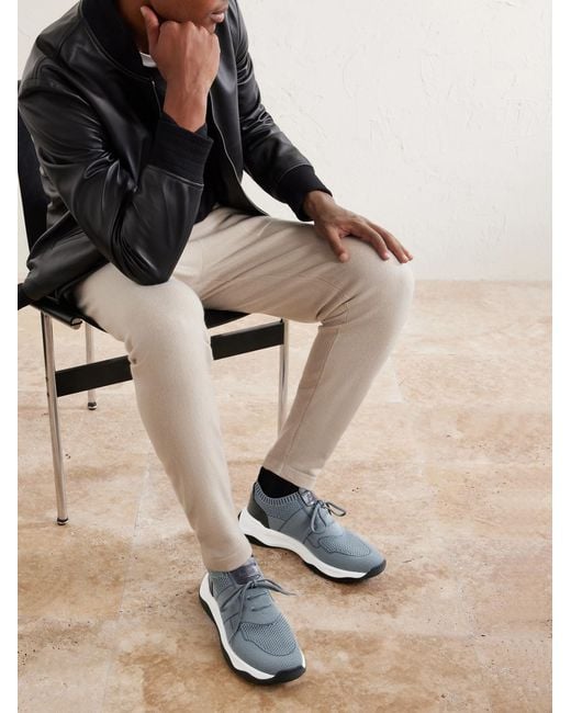 Berluti Blue Shadow Leather-Trimmed Stretch-Knit Sneakers for men