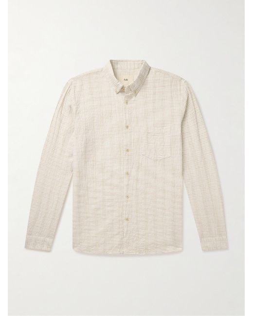 Folk Natural Button-down Collar Striped Cotton And Linen-blend Seersucker Shirt for men