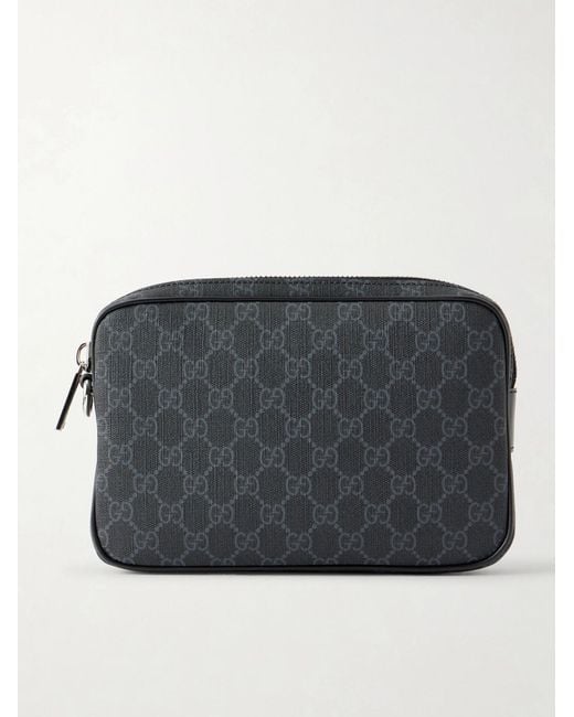 Gucci Gray Monogrammed Leather-Trimmed Coated-Canvas Pouch for men