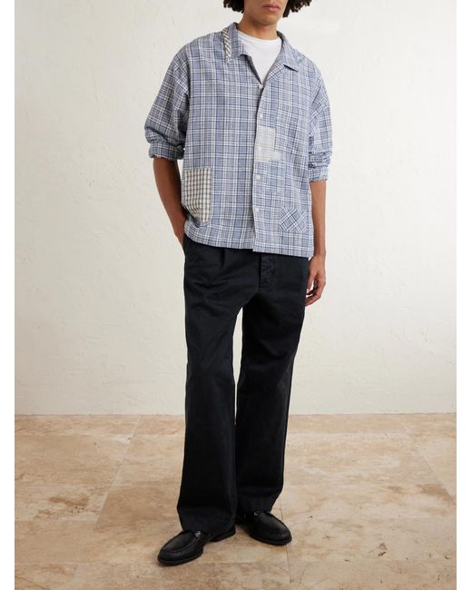 STORY mfg. Blue Greetings Camp-collar Patchwork Checked Organic Cotton Shirt for men