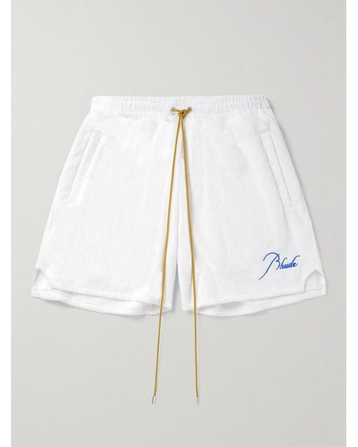 Rhude White Straight-leg Logo-embroiderd Cotton-fleece Shorts for men