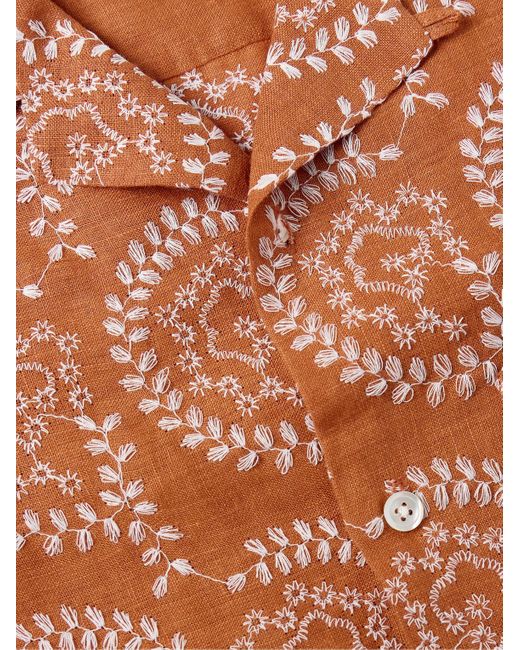 Portuguese Flannel Orange Nature Convertible-collar Embroidered Linen Shirt for men
