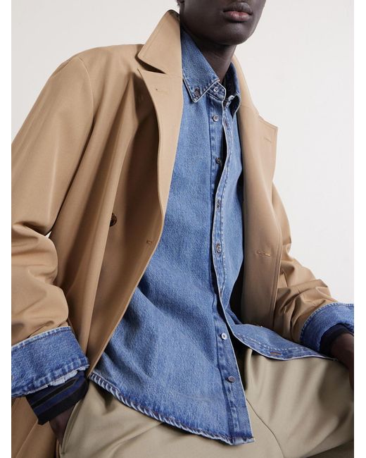 AMI Blue Button-Down Collar Logo-Embroidered Denim Shirt for men