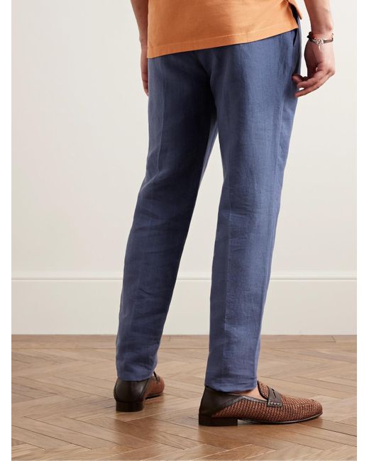 Rubinacci Blue Tapered Pleated Linen Trousers for men