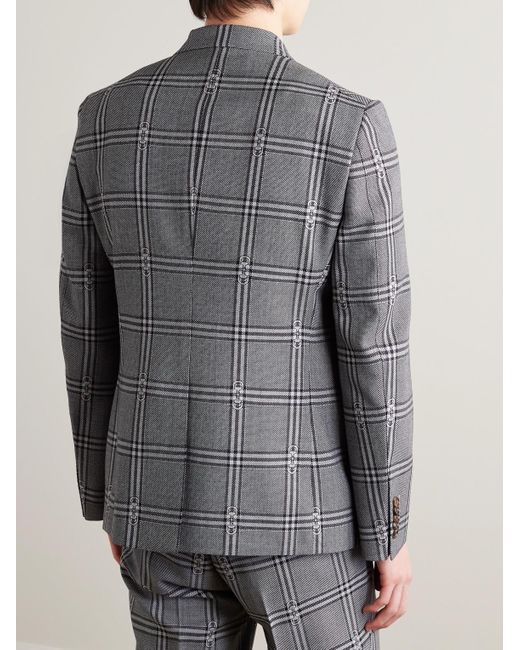 Gucci Gray Slim-fit Double-breasted Logo-jacquard Checked Wool Suit Jacket for men