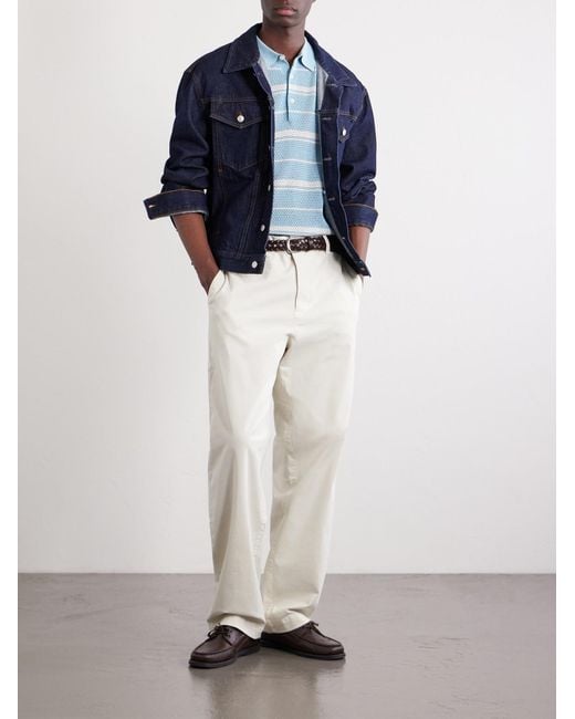 Beams Plus Blue Striped Knitted Cotton Polo Shirt for men