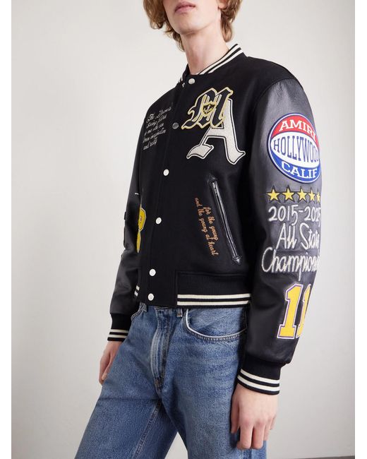 Amiri Blue Appliquéd Embroidered Leather And Wool-blend Varsity Jacket for men