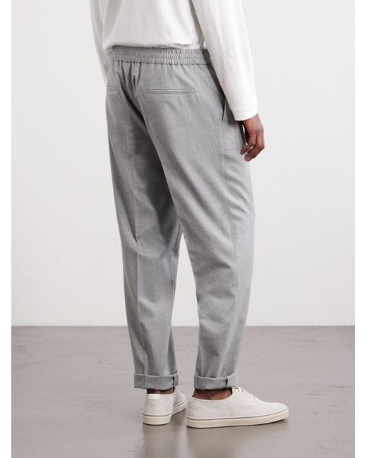 Brunello Cucinelli Gray Tapered Pleated Virgin Wool-Flannel Drawstring Trousers for men