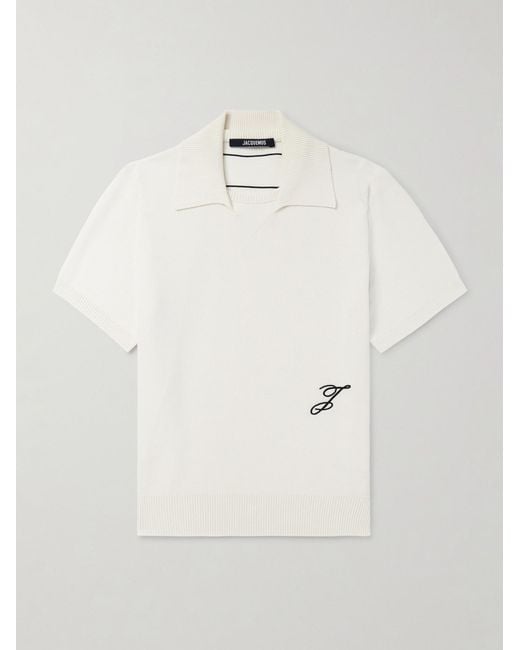 Jacquemus White Logo-Embroidered Knitted Cotton And Silk-Blend Polo Shirt for men