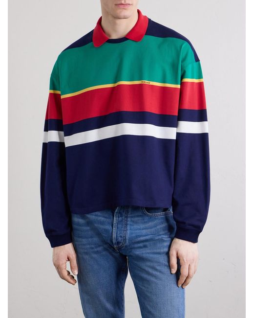 Versace Blue Logo-embroidered Striped Cotton-jersey Sweatshirt for men