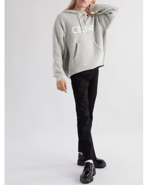 Celine Logo appliqu d Ribbed Wool Hoodie in Grey for Men Lyst UK
