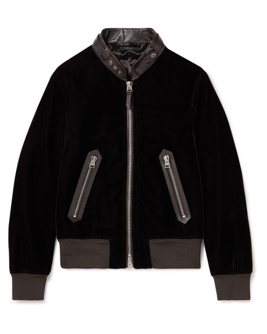 Tom Ford Black Full-Grain Leather-Trimmed Velvet Bomber Jacket for men