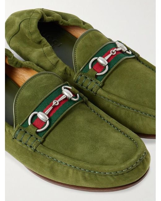 Gucci Green Horsebit-Embellished Webbing-Trimmed Suede Loafers for men