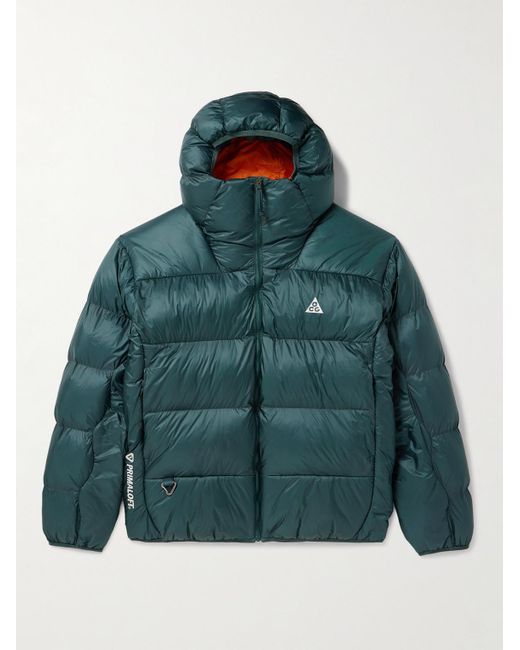 Nike Green Acg Lunar Lake Logo-embroidered Padded Shell Hooded Jacket for men