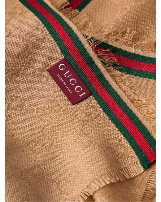 Gucci Brown Frayed Striped Logo-jacquard Silk And Cotton-blend Scarf for men