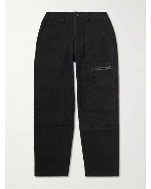 FRIZMWORKS Black Tapered Leather-Trimmed Cotton-Canvas Cargo Trousers for men