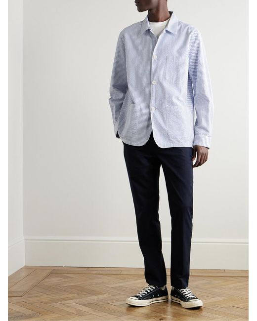 Portuguese Flannel White Striped Cotton-Seersucker Overshirt for men