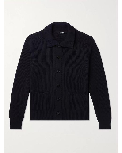 Tom Ford Blue Slim-Fit Ribbed Wool And Cashmere-Blend Cardigan for men