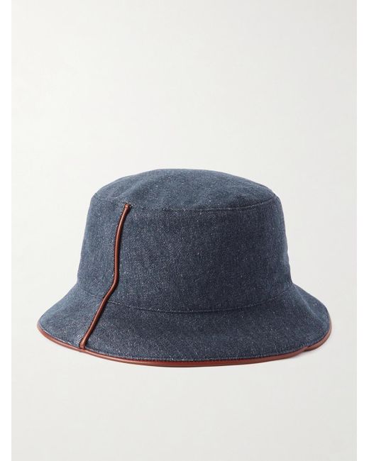Loro Piana Blue Leather-trimmed Logo-embroidered Denim Bucket Hat