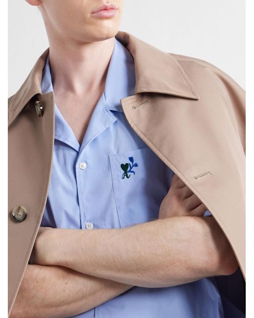 AMI Blue Logo-Embroidered Cotton-Poplin Shirt for men