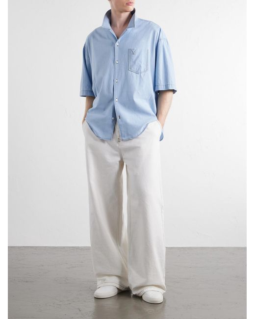 AMI Blue Logo-Embroidered Cotton-Chambray Shirt for men