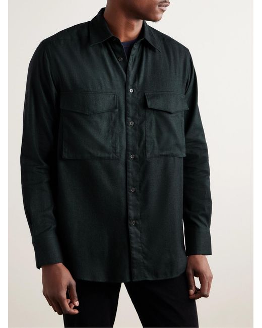 Paul Smith Blue Herringbone Brushed Cotton And Lyocell-Blend Shirt for men