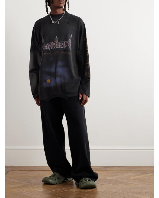 Balenciaga Black Oversized Distressed Logo-print Stretch-cotton Jersey T-shirt for men