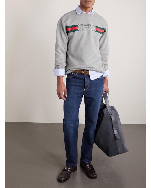 Gucci Gray Logo-Embroidered Striped Cotton-Jersey Sweater for men