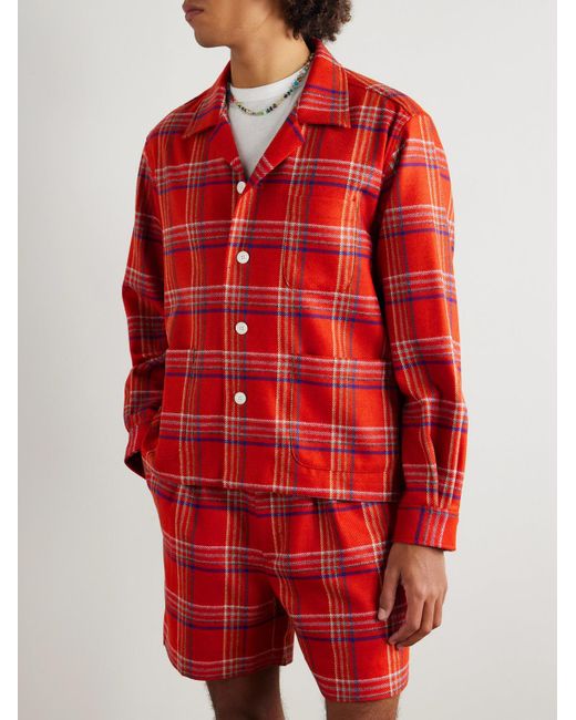 Bode Red Gable Camp-collar Checked Wool Overshirt for men