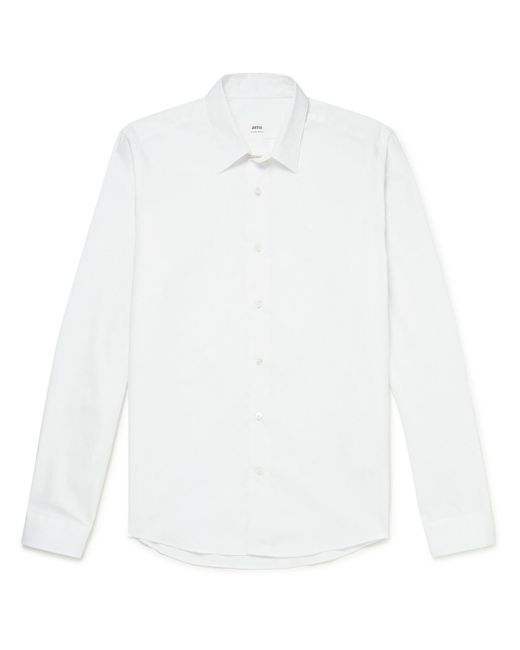 AMI White Slim-fit Logo-embroidered Cotton-poplin Shirt for men