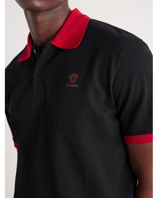 Versace Black Logo-embroidered Cotton-piqué Polo Shirt for men