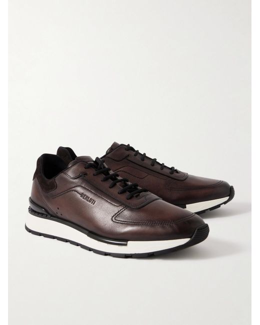 Berluti Brown Fast Track Suede-Trimmed Full-Grain Venezia Softy Leather Sneakers for men