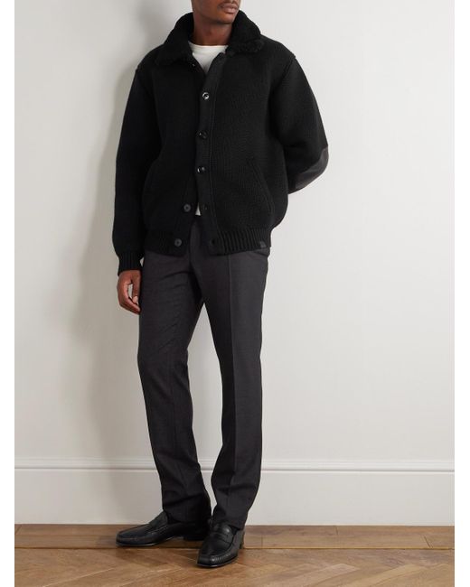 Tom Ford Black Bouclé-Trimmed Ribbed Cashmere Cardigan for men