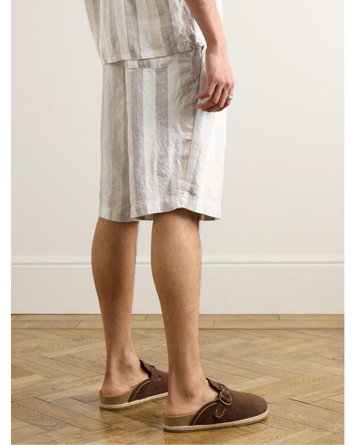 Beams Plus White Easy Wide-leg Striped Herringbone Linen Shorts for men
