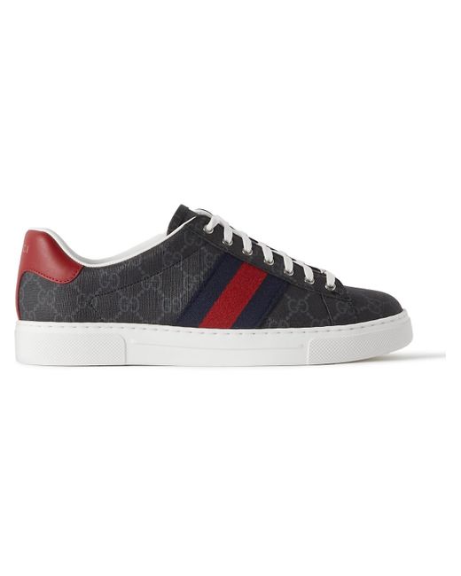 Gucci Black Ace Leather And Webbing-trimmed Monogrammed Supreme Coated-canvas Sneakers for men