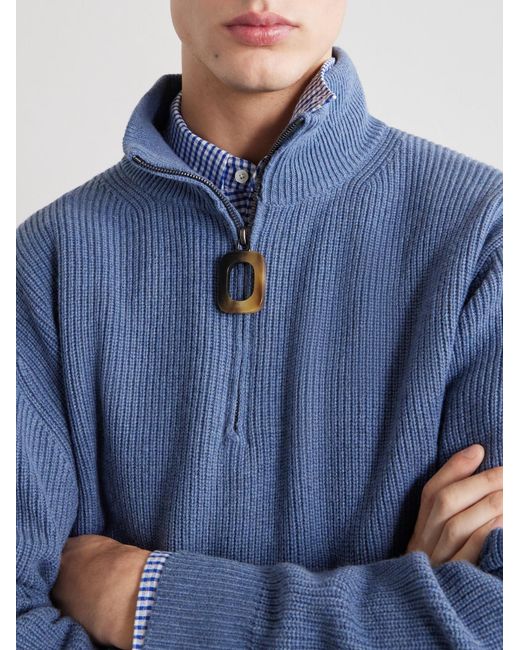 J.W. Anderson Blue Ribbed Wool And Cotton-Blend Half-Zip Turtleneck Sweater for men