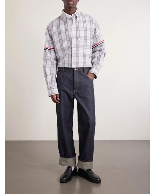Thom Browne White Oversized Button-Down Collar Checked Cotton-Poplin Shirt for men