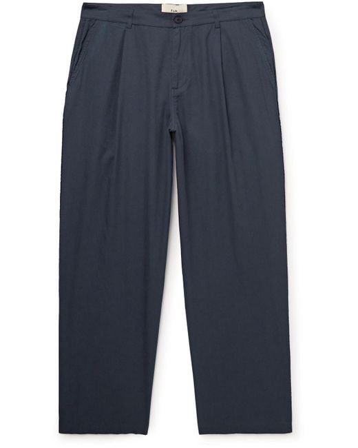 Folk Blue Wide-leg Pleated Cotton-twill Trousers for men