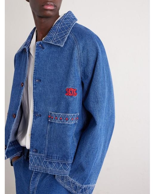 Embroidered Merino Wool-Blend Denim Jacket di Bode in Blue da Uomo