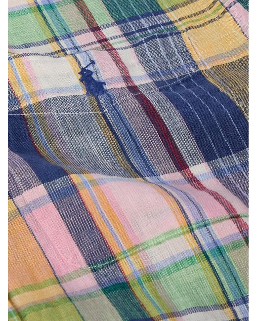 Camicia in lino a quadri con collo button-down e logo ricamato di Polo Ralph Lauren in Blue da Uomo