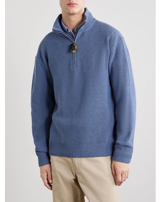 J.W. Anderson Blue Ribbed Wool And Cotton-Blend Half-Zip Turtleneck Sweater for men