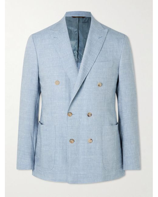 Canali Blue Kei Unstructured Double-Breasted Linen And Wool-Blend Blazer for men