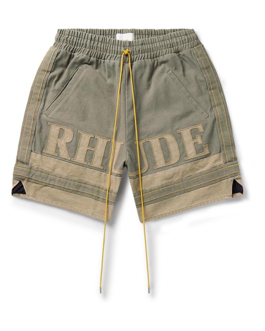 Rhude Green Straight-leg Logo-appliquéd Striped Cotton-canvas Drawstring Shorts for men