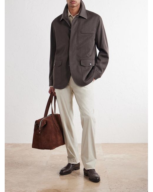 Brioni Gray Leather-Trimmed Wool-Twill Jacket for men