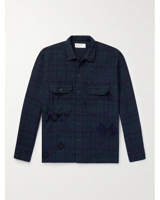 Universal Works Blue Embroiderd Checked Cotton Overshirt for men