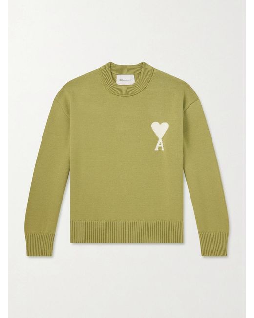 Intarsia Virgin Wool And Cotton-Blend Sweater di AMI in Green da Uomo